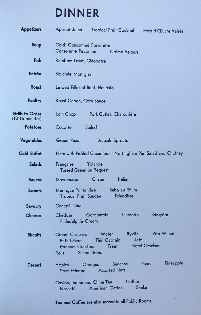 P & O Lines. S.S. Canberra Dinner Menu