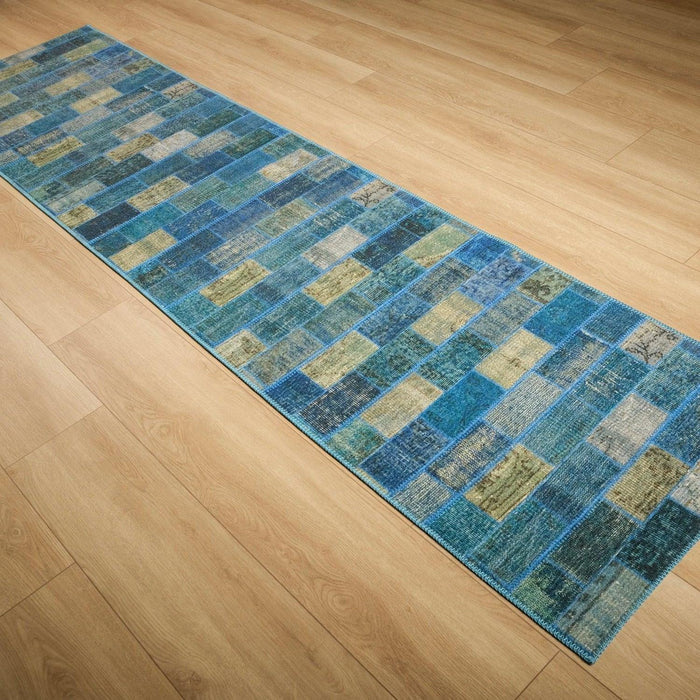 Patchwork Desenli Dijital Baskı Mavi Koridor Halısı, 75x300 cm — Halıcızade