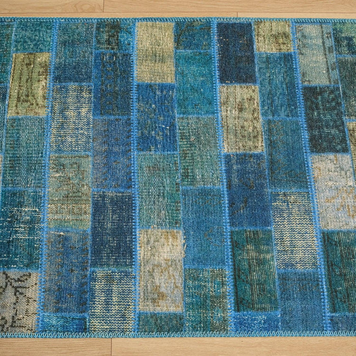 Patchwork Desenli Dijital Baskı Mavi Koridor Halısı — 75x300 cm