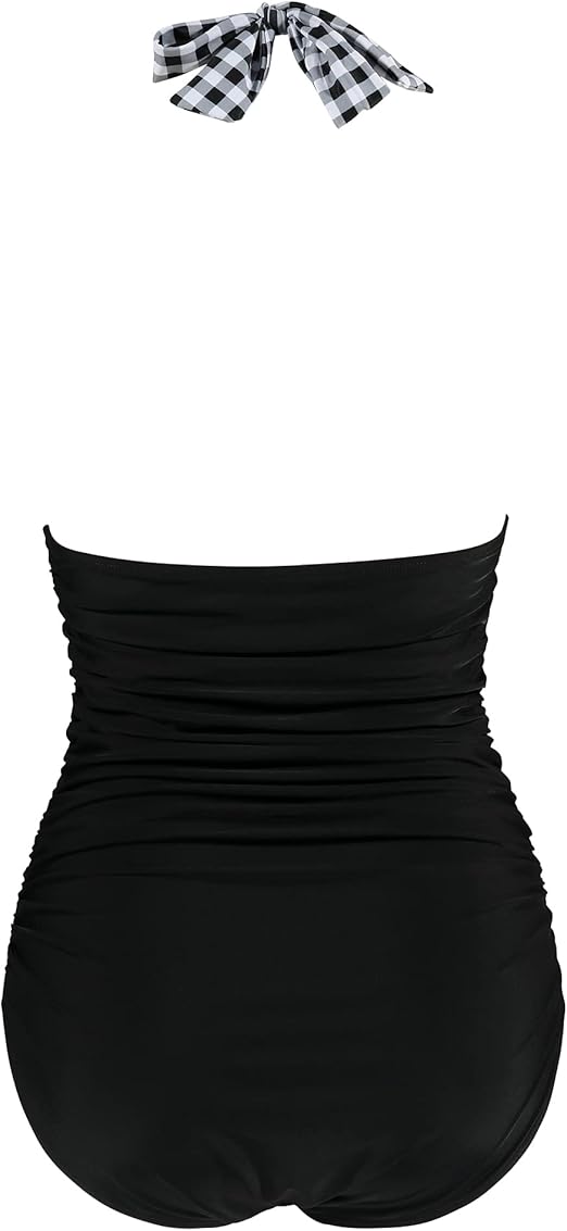 RXRXCOCO Halter Neck Tummy Control Swimsuit Women One-Piece Ruched Non Padded Swimming Costume