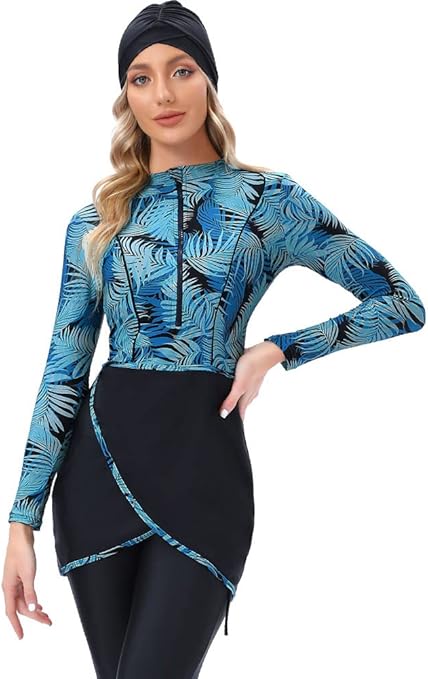 seafanny Womens' 3 Pieces Muslim Swimwear Full Cover Hijab Burkini Modest Swimsuit(Palmetto Leaf 16-18) 3XL