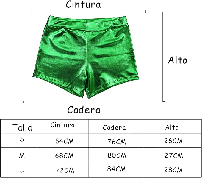 Shiny Metallic Shorts for Women, Sexy Women's Culotte for Costumes, Dance Club and Parties, green, L