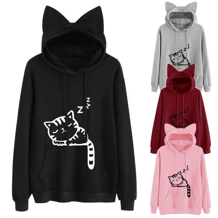 Sleepy Cat Ears Printed Hoodie