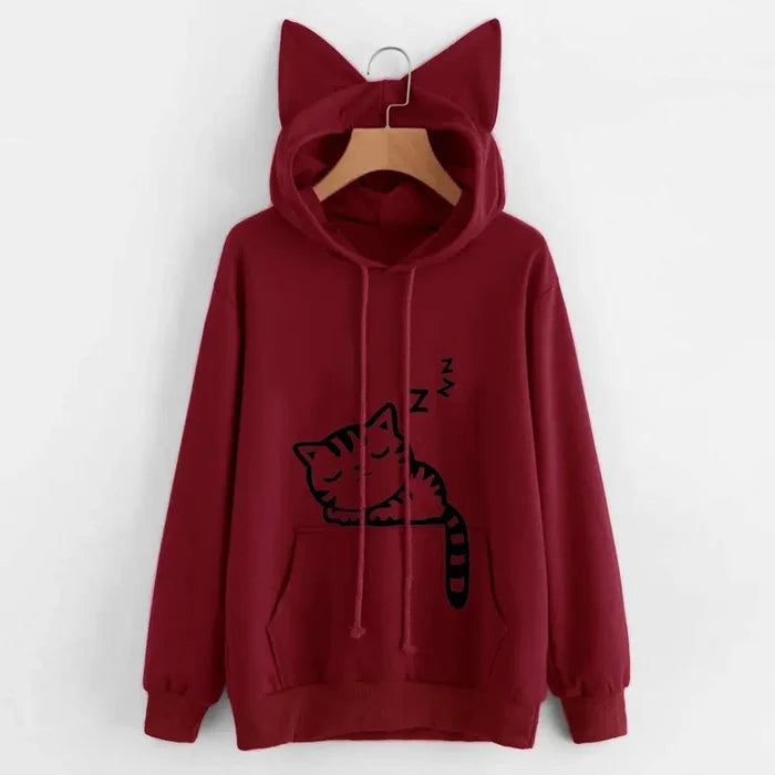 Sleepy Cat Ears Printed Hoodie