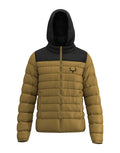 Smoke Puffy Jacket front view with Elk emblem for hunters. - Black and Tan