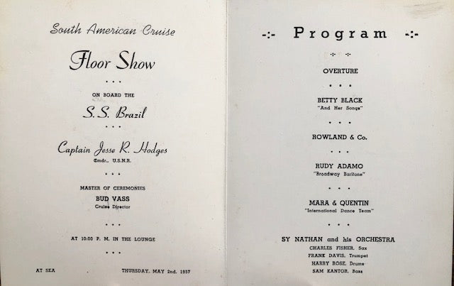 S.S. Brazil. South American Cruise Floor Show Menu