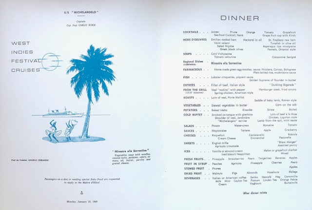 S.S. Michelangelo. West Indies Festival Cruises Dinner Menu