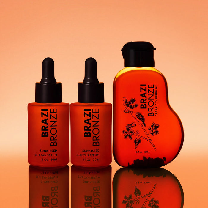 Two bottles of Sunkissed Self-Tan Face Drops with the free travel size tanning oil