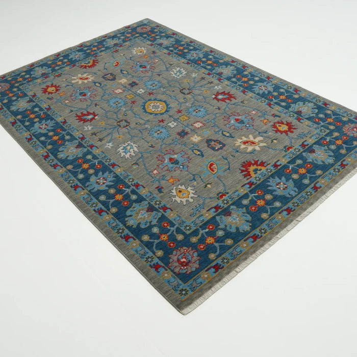 Tempus Serisi Uşak Desenli Mavi-Gri Yün Tezgah Dokuma Halı, 80x150 – 300x400 cm — Halıcızade