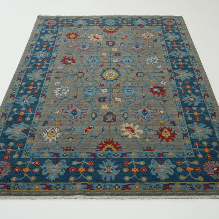 Tempus Serisi Uşak Desenli Mavi-Gri Yün Tezgah Dokuma Halı — 80x150, 80x200, 80x300, 130x190 cm