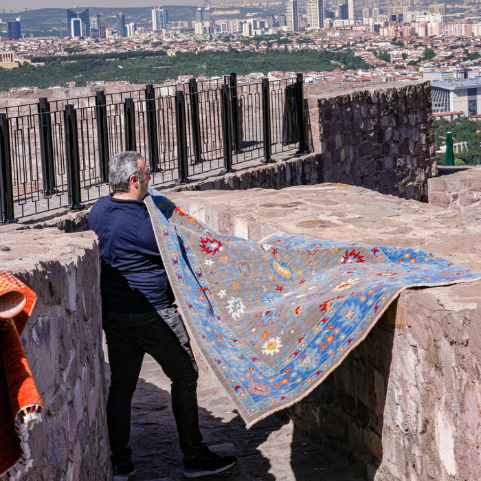 Tempus Serisi Uşak Desenli Mavi-Gri Yün Tezgah Dokuma Halı — yatak odası halısı