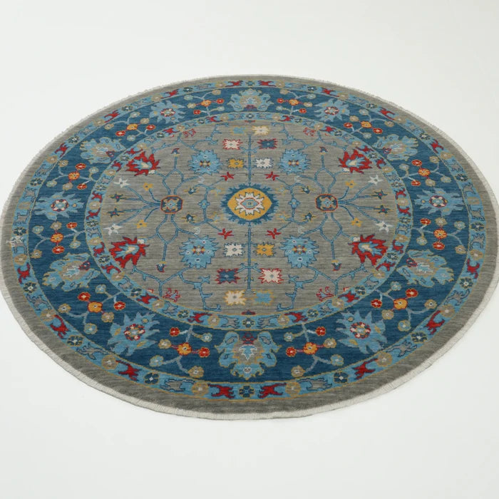 Tempus Serisi Uşak Desenli Mavi-Gri Yün Tezgah Dokuma Yuvarlak Halı, 120x120 – 160x160 cm — Halıcızade