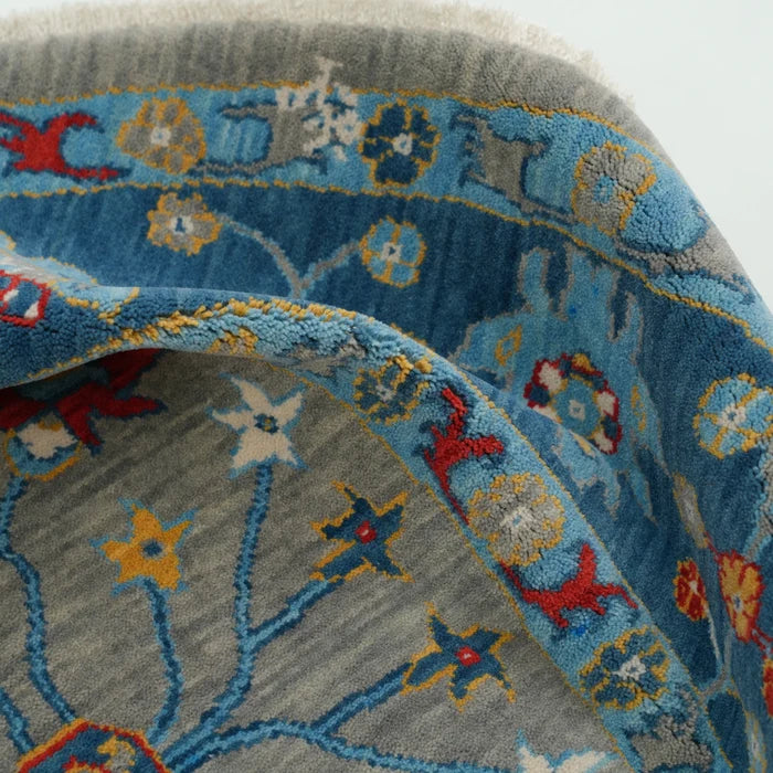 Tempus Serisi Uşak Desenli Mavi-Gri Yün Tezgah Dokuma Yuvarlak Halı — klasik desen