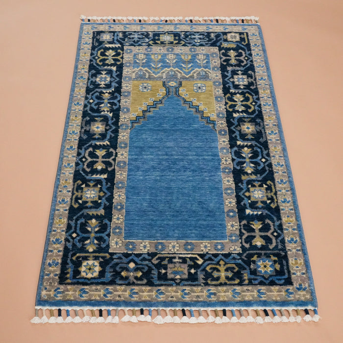 Tezgah Dokuma Yün Mavi Seccade Halı — 80x130 cm