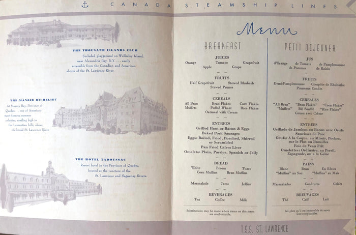 T.S.S. St. Lawrence Petit Dejeuner Menu