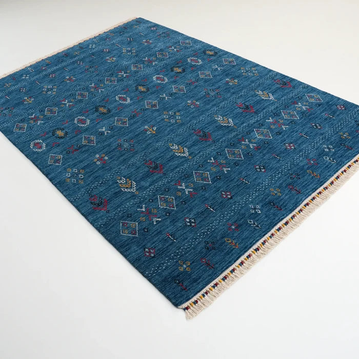Urkum Serisi Otantik Desenli Mavi Yün Tezgah Dokuma Halı, 60x90 – 230x330 cm — Halıcızade