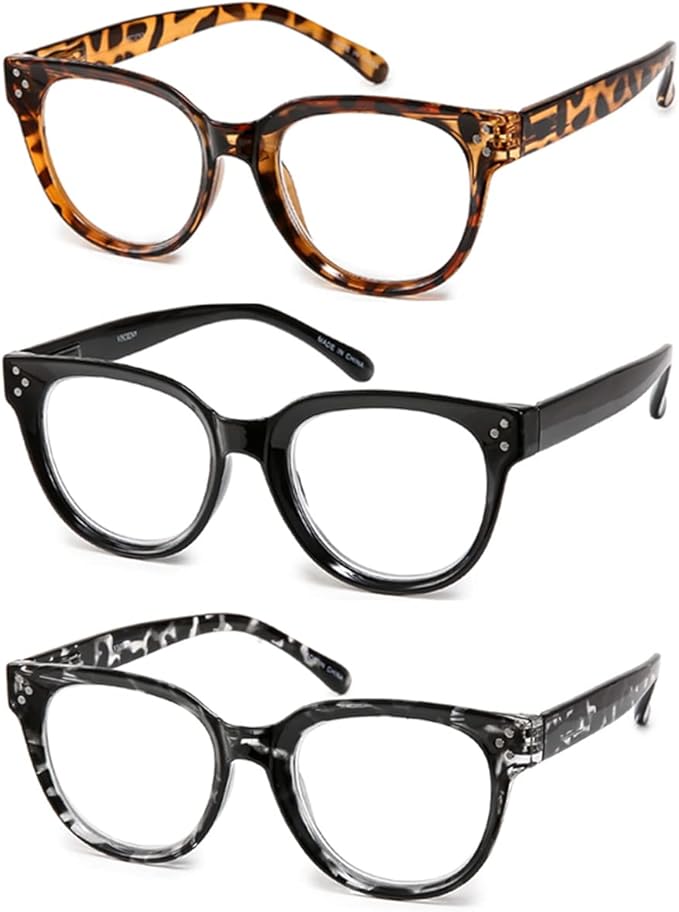 Vecien Reading Glasses Oversized for Women Large Frame Big Lens Readers Spring Hinge Retro 3 Pack +1.75
