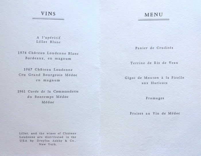 (Wine) Chateau Loudenne. Diner 17 Mai 1976.