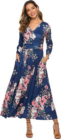 Women's Casual Floral Printed Long Maxi Dress with Pockets Long Sleeve Dresses Navy XXL