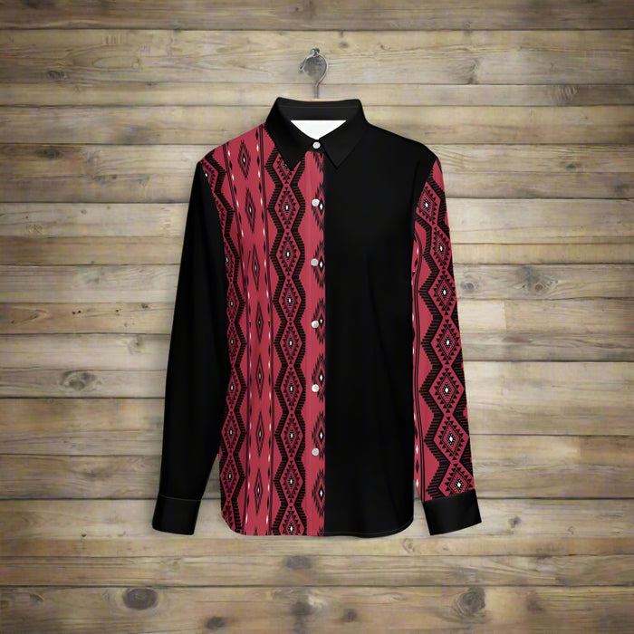 Women's Classic Burgundy and Black Aztec Button-Up Shirt - Cozy Corner