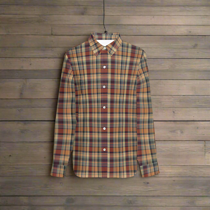 Women's Classic Button-Up Gold Plaid Shirt - Cozy Corner