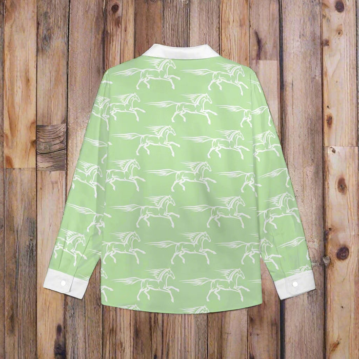 Light Green/White Horse Print Womens Long Sleeve Button Shirt - Cozy Corner