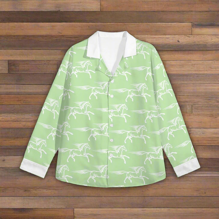 Light Green/White Horse Print Womens Long Sleeve Button Shirt - Cozy Corner