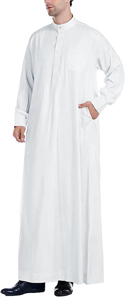YAOHUOLE Men's Kaftan Abaya Thobe Button Up Long Sleeve Muslim Thobe Side Split Casual Abaya Robe White M